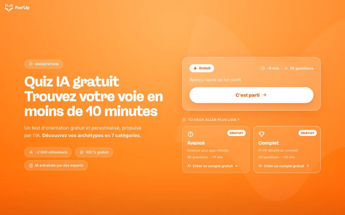 Le quiz d'orientation Fox'Up : gratuit, en ligne, un premier aperçu de ton profil en quelques minutes.