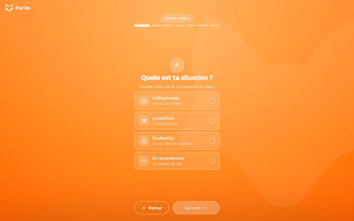 Le quiz t'accompagne pas à pas avec une barre de progression claire (ici, les premières questions de cadrage).
